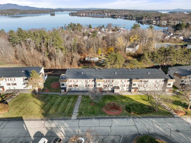 birds eye view of property featuring a water and mountain view