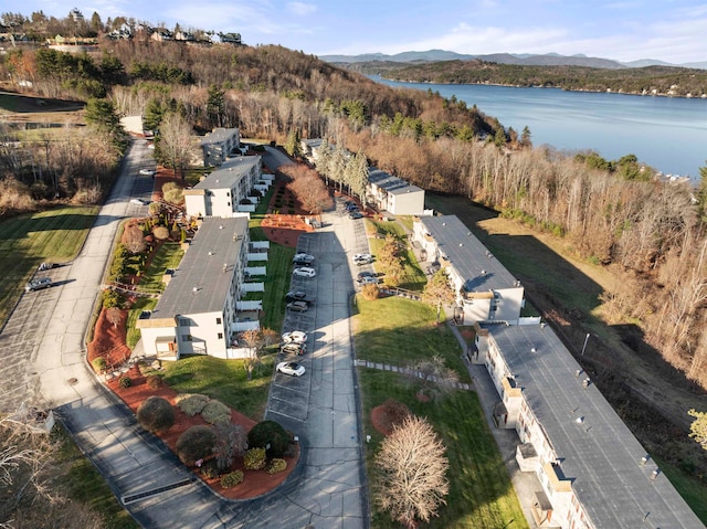 birds eye view of property with a water and mountain view