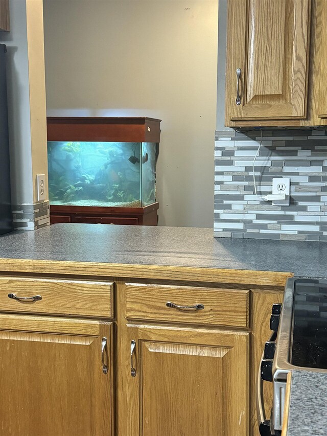 interior details featuring decorative backsplash and stove