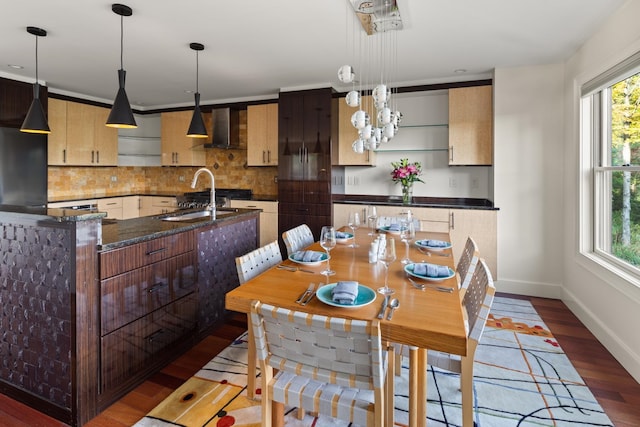 dining space featuring dark hardwood / wood-style floors and sink