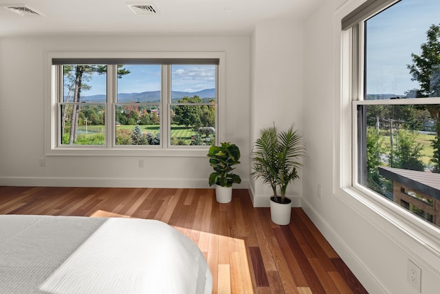 bedroom featuring hardwood / wood-style flooring, a mountain view, and multiple windows