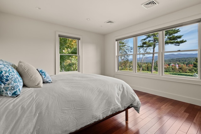 bedroom featuring multiple windows, a mountain view, and dark hardwood / wood-style flooring