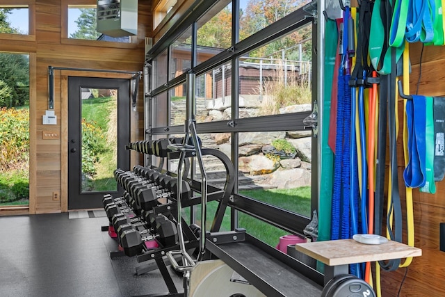 gym featuring a healthy amount of sunlight and wooden walls