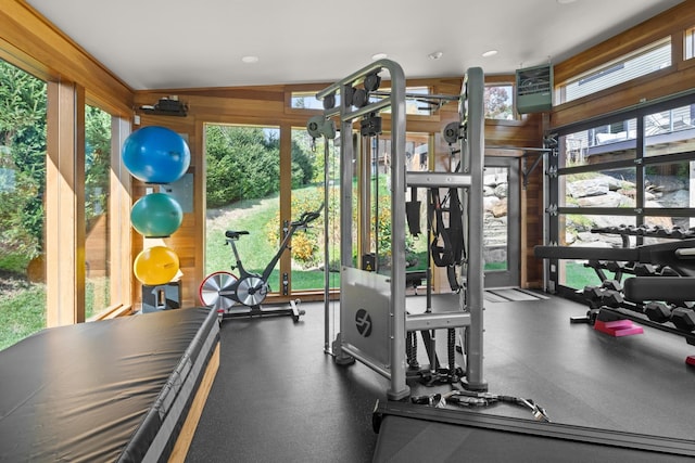 exercise room featuring vaulted ceiling and wooden walls