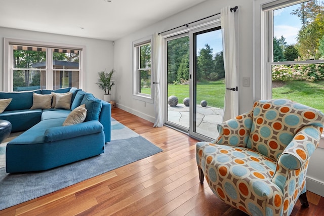 living room with light hardwood / wood-style flooring and a healthy amount of sunlight