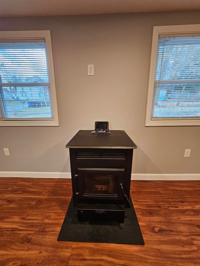 room details with a wood stove and hardwood / wood-style flooring