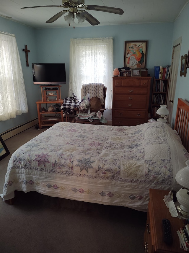 bedroom featuring a baseboard radiator and ceiling fan