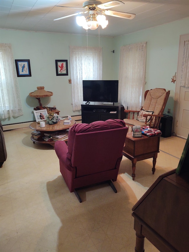 living room with ceiling fan and a baseboard radiator