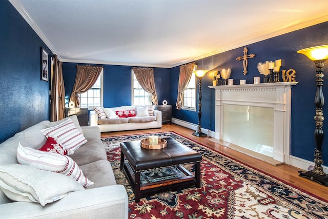 living room featuring baseboard heating, crown molding, and hardwood / wood-style floors