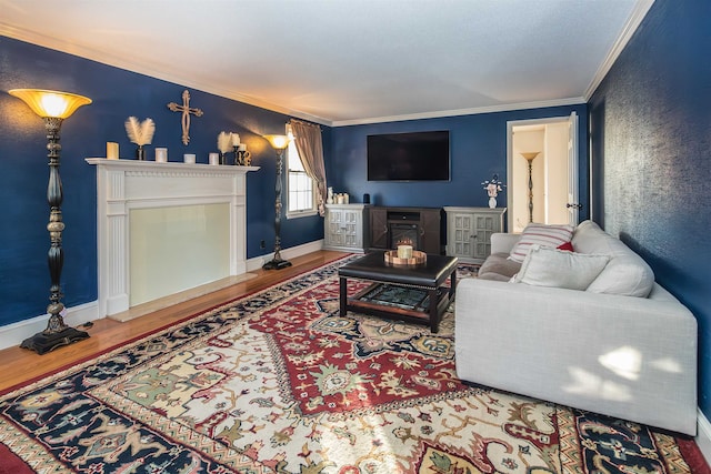 living room featuring a fireplace, wood-type flooring, and crown molding