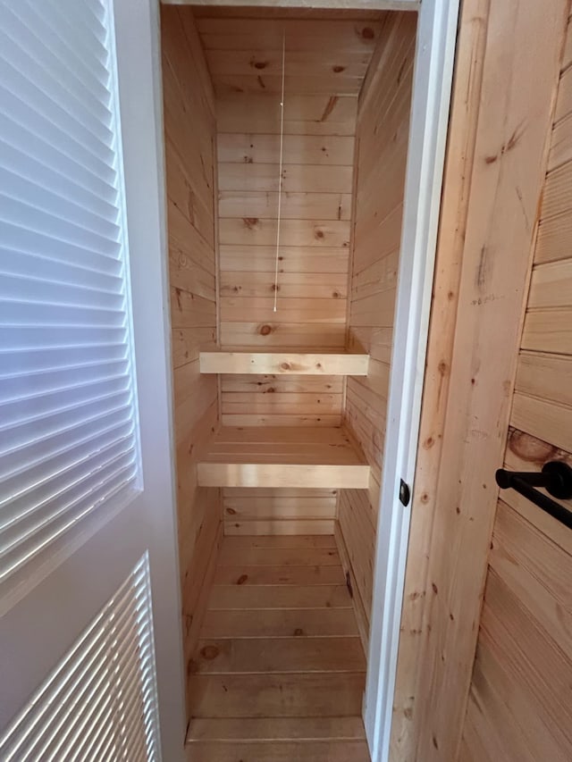 view of sauna featuring hardwood / wood-style floors