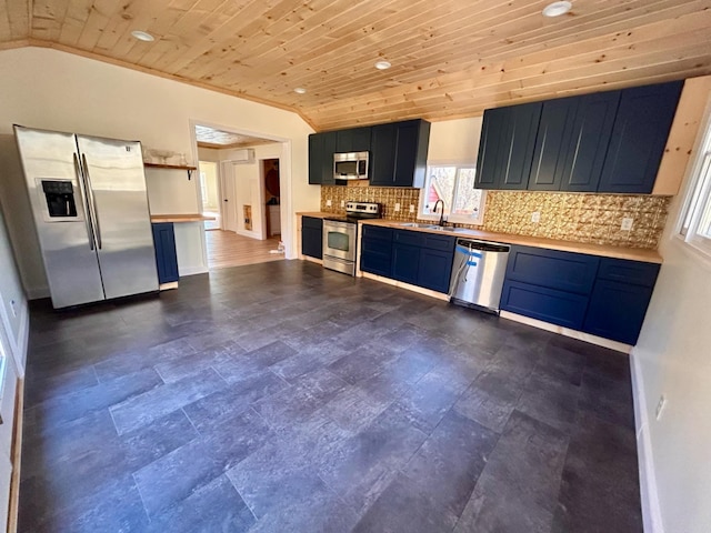 kitchen featuring wooden ceiling, sink, blue cabinetry, appliances with stainless steel finishes, and tasteful backsplash