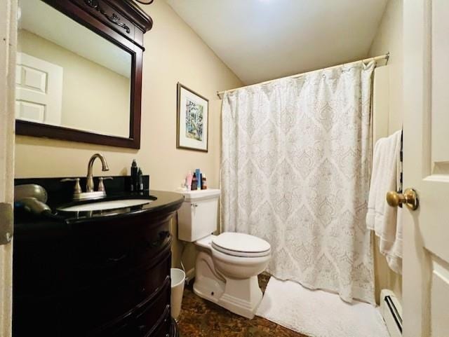 bathroom with a shower with shower curtain, vanity, toilet, and a baseboard heating unit