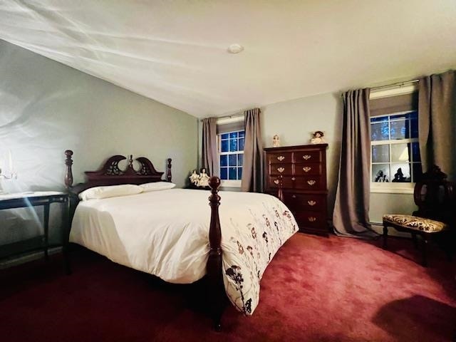 bedroom featuring carpet flooring and lofted ceiling