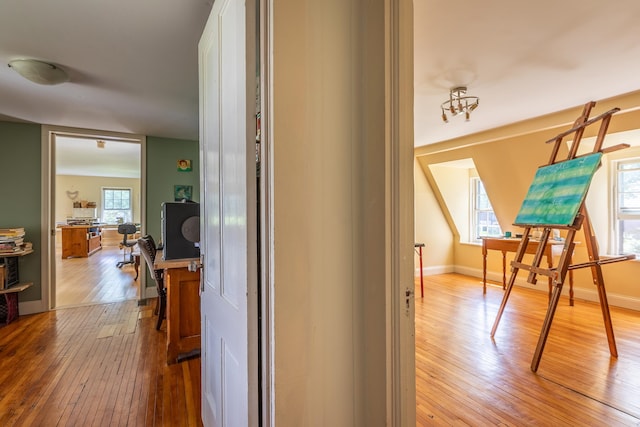 hallway with a wealth of natural light and light hardwood / wood-style floors