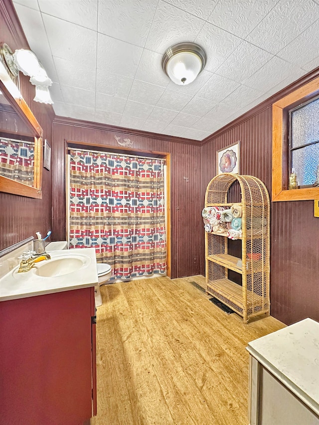 bathroom featuring wood walls, vanity, wood-type flooring, and toilet