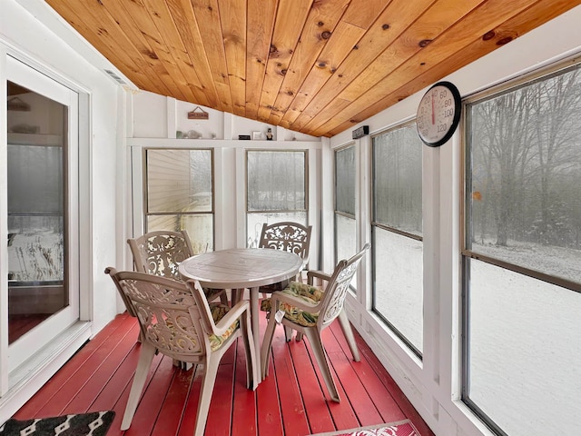 sunroom / solarium featuring wooden ceiling and lofted ceiling