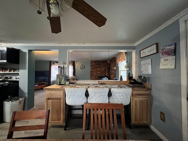 bar with crown molding, plenty of natural light, ceiling fan, and dark carpet