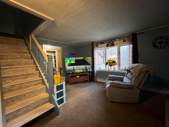 living room featuring carpet, baseboard heating, and wood walls