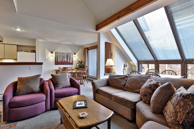 carpeted living room featuring vaulted ceiling with beams