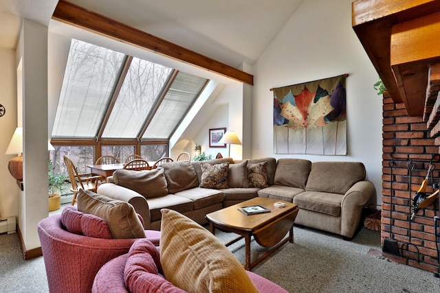 living room with carpet floors, vaulted ceiling, and a baseboard heating unit