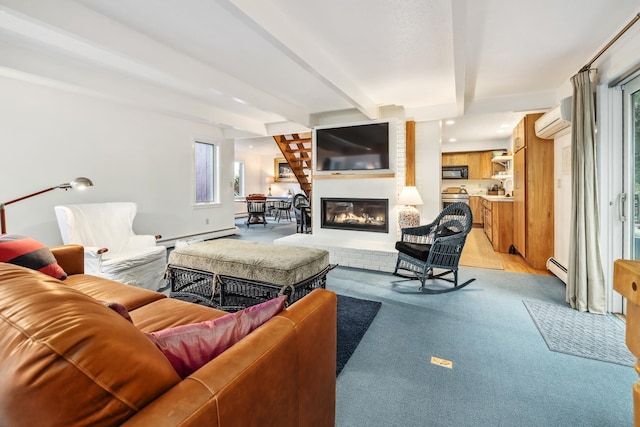 carpeted living room with beamed ceiling, a wall mounted air conditioner, and baseboard heating