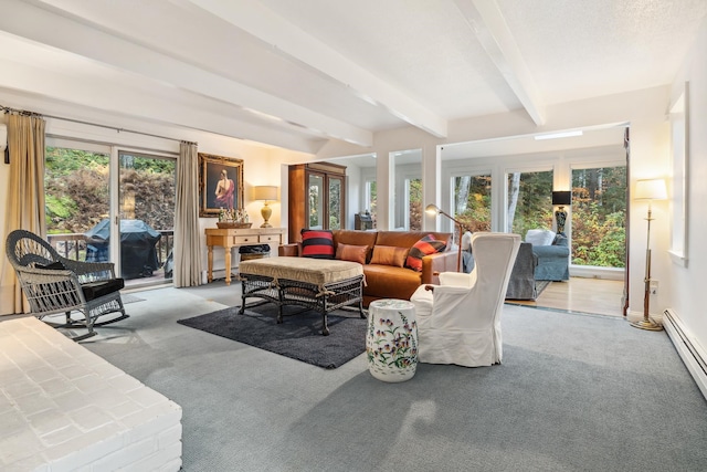 carpeted living room featuring a healthy amount of sunlight, beam ceiling, and a baseboard radiator