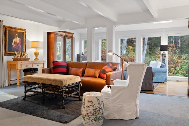 living room with beam ceiling, light carpet, and a baseboard heating unit