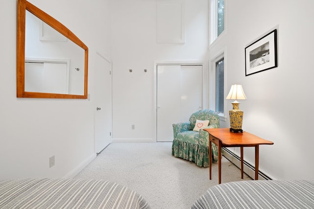 living area featuring a towering ceiling and a baseboard radiator