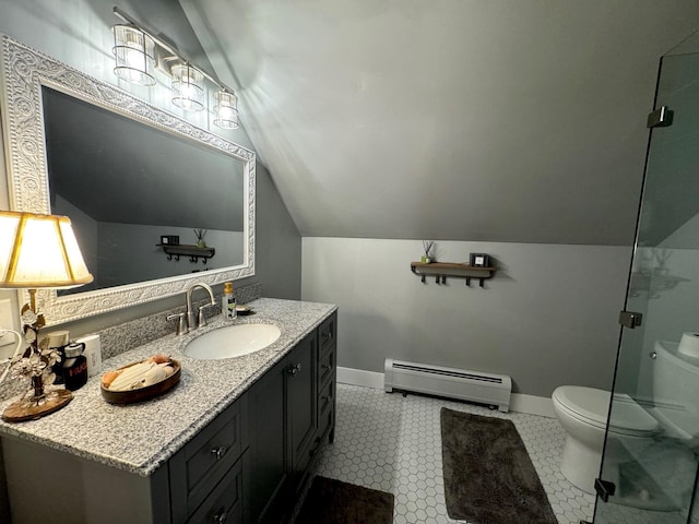 bathroom with walk in shower, vanity, a baseboard radiator, toilet, and lofted ceiling