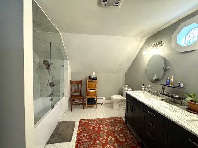 full bathroom with vanity, tiled shower / bath combo, vaulted ceiling, baseboard heating, and toilet