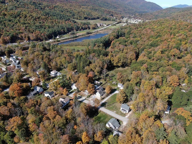 drone / aerial view with a water and mountain view