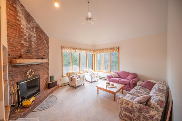 carpeted living room with ceiling fan, high vaulted ceiling, and a baseboard heating unit