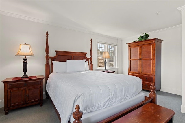 carpeted bedroom with ornamental molding