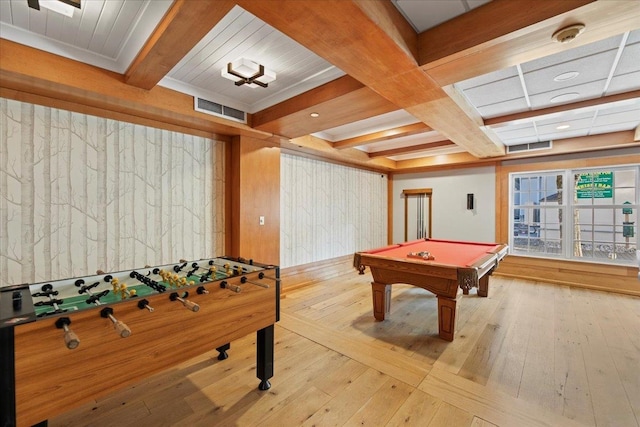 rec room featuring beamed ceiling, wood-type flooring, coffered ceiling, and billiards