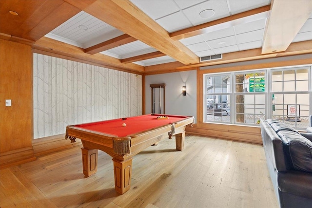 recreation room featuring beamed ceiling, light hardwood / wood-style flooring, and pool table