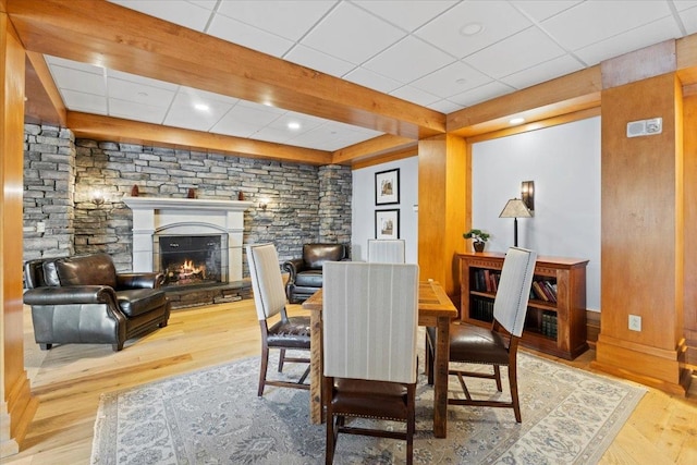 dining room with a fireplace, a paneled ceiling, and hardwood / wood-style floors