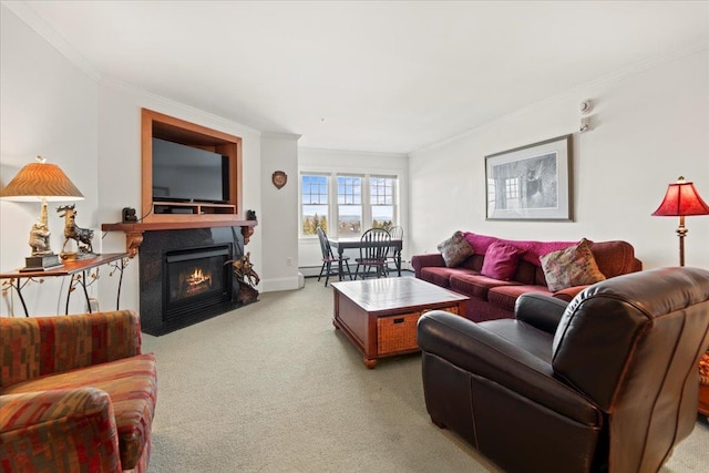 living room with a fireplace, crown molding, and light carpet