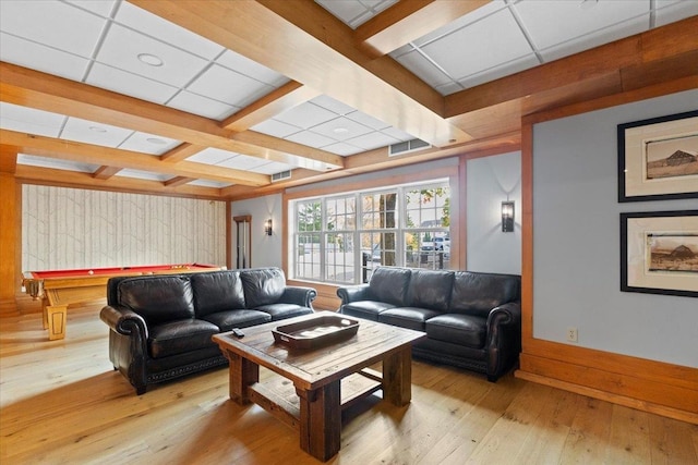 living room featuring a paneled ceiling, pool table, and light hardwood / wood-style flooring