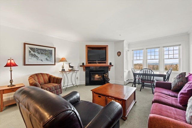 living room with light colored carpet and ornamental molding