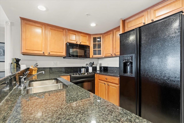 kitchen with dark stone countertops, sink, and black appliances