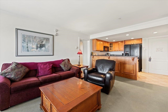 living room featuring light carpet and crown molding