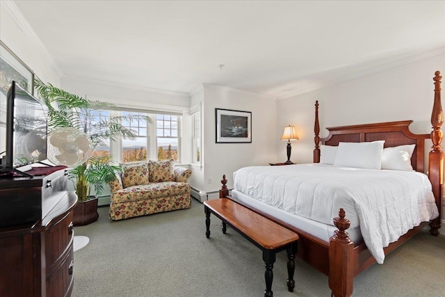 carpeted bedroom featuring a baseboard heating unit and ornamental molding