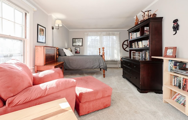 carpeted bedroom featuring ornamental molding