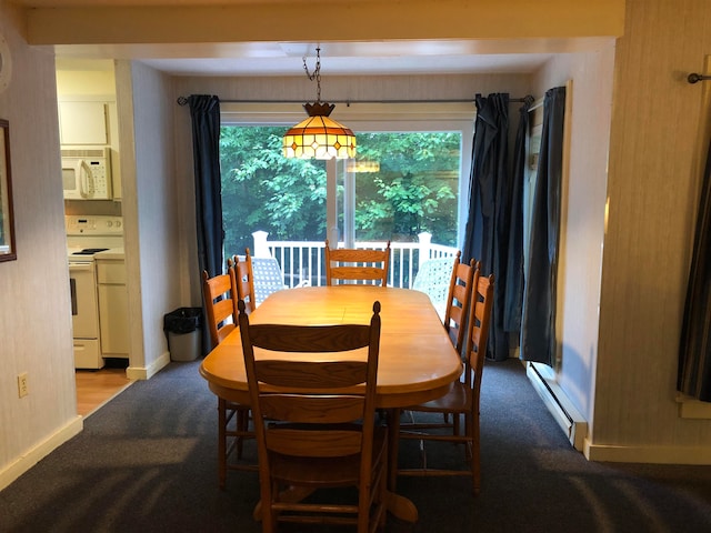 dining space with baseboards, a baseboard radiator, plenty of natural light, and carpet floors