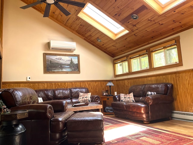 living room with a skylight, wood ceiling, a wall unit AC, hardwood / wood-style flooring, and a baseboard radiator