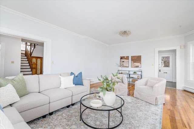 living room with hardwood / wood-style floors and ornamental molding