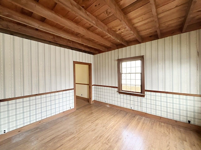 spare room with beam ceiling, wood-type flooring, and wood ceiling