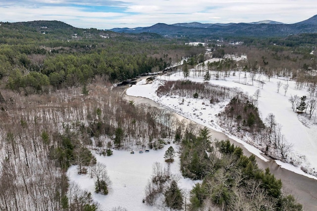 snowy aerial view featuring a mountain view