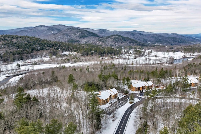 snowy aerial view featuring a mountain view